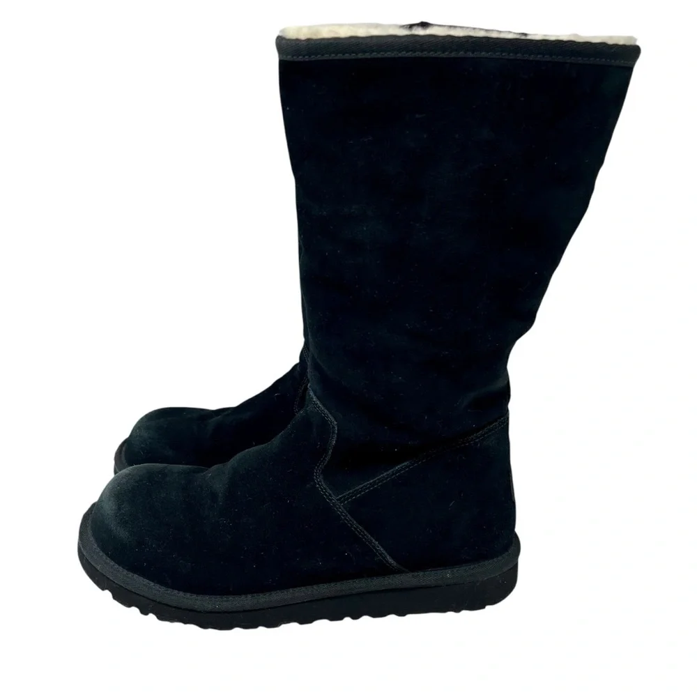 UGG Black Suede Zip Sunshine Tall Boots‎ Sz 6 Shearling Winter Snow Classic 90s